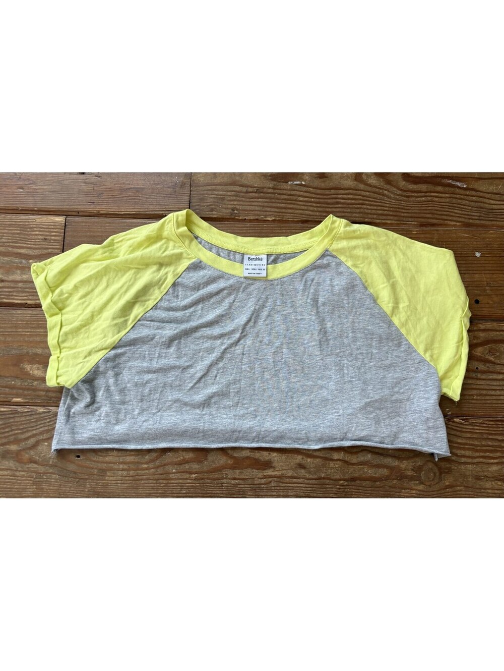 Bershka Gray Neon Yellow Colorblock Raglan Cropped T-Shirt Large